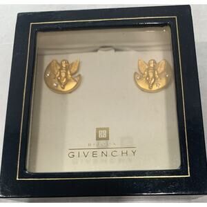 Vintage Givenchy Gold Tone Cherub Angel On Moon w/ Stars Clip-On Earrings Signed
